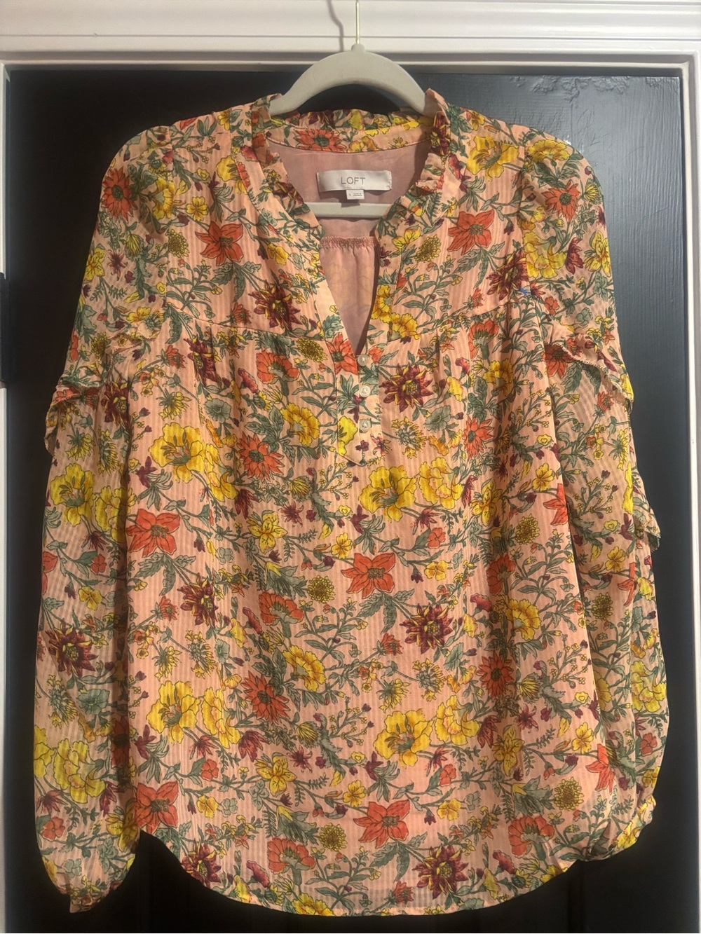 LOFT Peach Pink Floral Split V-Neck Blouse